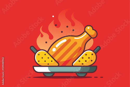 A grilled chicken leg sits on a platter alongside two corn cobs, with flames illustrated behind them, showcasing a vibrant summer barbecue setting.