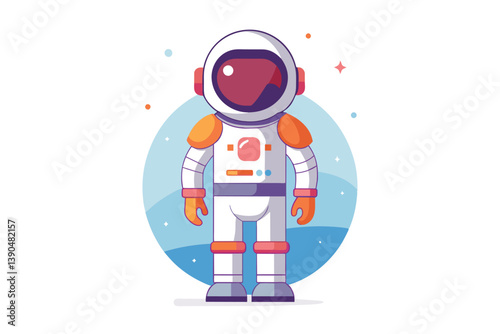 The astronaut character, depicted in a colorful spacesuit, poses confidently amidst a whimsical cosmic backdrop filled with stars and planets.
