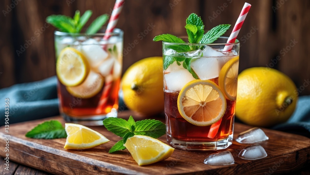 Fototapeta premium Chilled iced tea with lemon wedges, mint leaves, and ice cubes on a rustic wooden backdrop, close-up view. A refreshing summer beverage made at home.