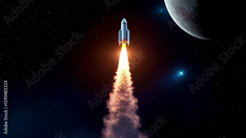 Rocket Launching from Laptop Surrounded by Colorful Clouds and Flames in a Vibrant Digital Space