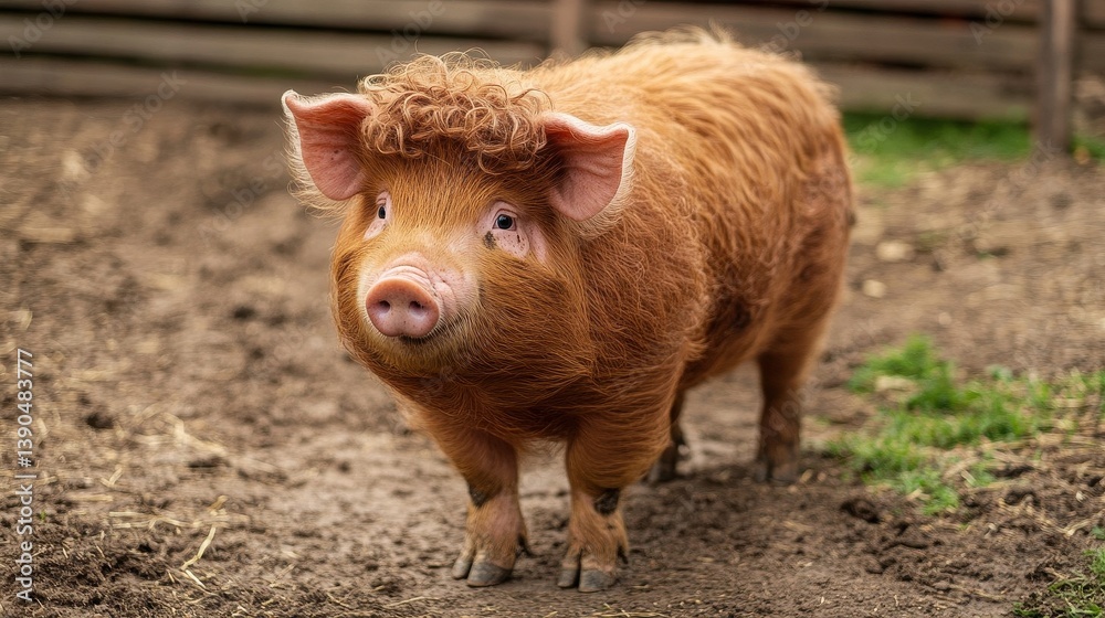 Fototapeta premium A Charming Brown Pig Standing Happily in Muddy Surroundings