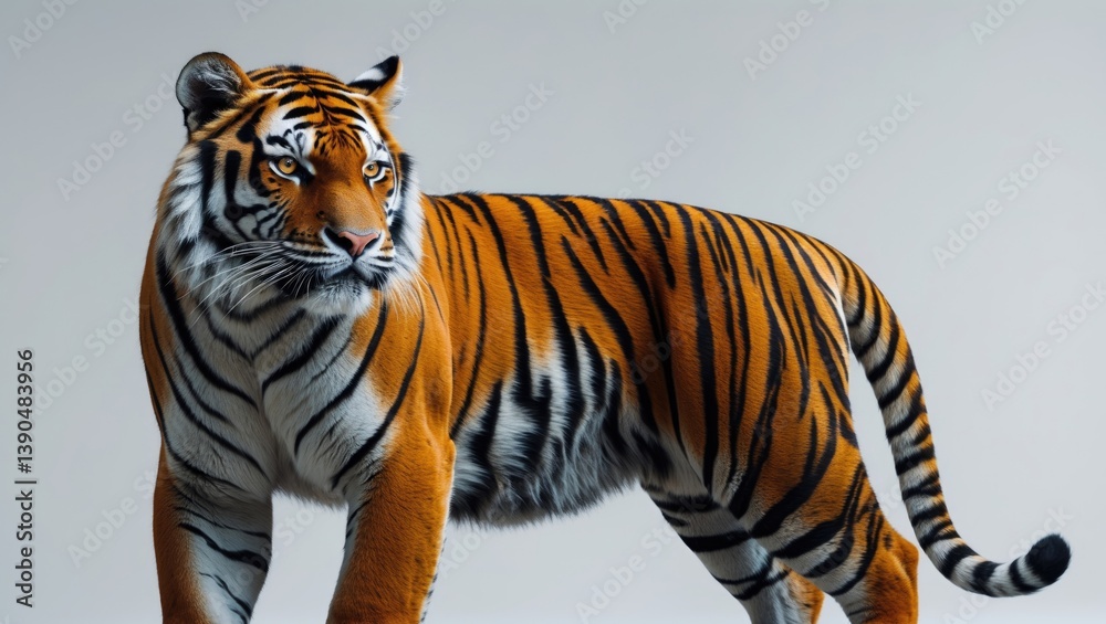 Naklejka premium Side profile view of a standing tiger, set against a plain background.