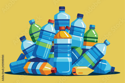 The pile of colorful plastic water bottles, varying in size and shape, creates an eye-catching display on a bright yellow background, highlighting the issue of plastic waste.