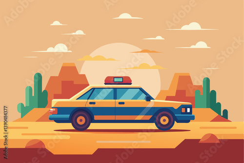 A police car is parked in a stylized desert setting with cacti and distant mountains as the sun sets, casting warm hues across the sky.