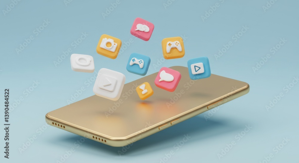 Modern technology concept with golden smartphone and floating app icons Modern technology concept with golden smartphone and floating app icons
