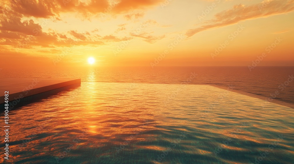 Obraz premium Tranquil Infinity Pool at Sunset Over Ocean with Vibrant Colors and Reflective Water Surface