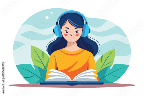 The girl wears headphones and focuses intently on a book, immersed in her reading. Lush green plants create a tranquil atmosphere around her.