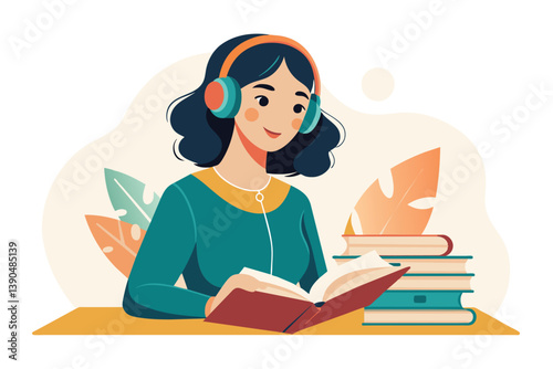 A young woman sits comfortably with headphones on, deeply engaged in reading a book. Colorful leaves and stacks of books create a warm, inviting atmosphere.