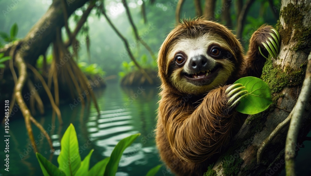 Fototapeta premium Smiling baby Brown-throated Three-toed sloth nestled in the mangrove.