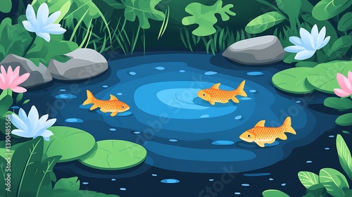 Three goldfish swim in a serene pond surrounded by lush vegetation and lily pads.