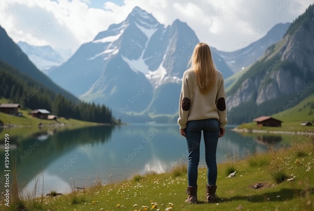 Naklejka premium Solo Woman Traveler in Norway Enjoying Lyngen Alps and Fjord Views