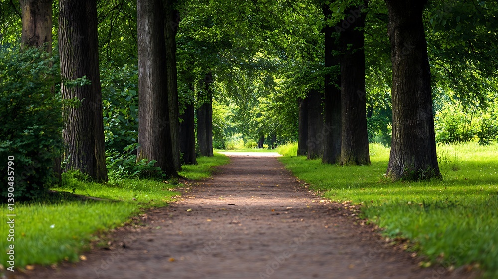 Fototapeta premium Serene path through lush green trees in a park.