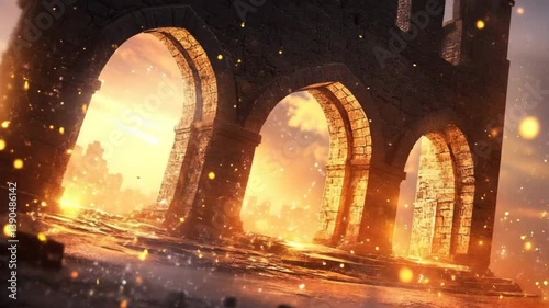 Ethereal Sunset Over Ancient Ruins With Glowing Arches and Enchanted Atmosphere