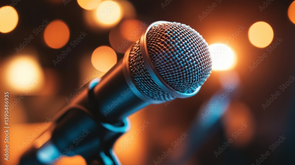 Close-up of a microphone with a blurred background featuring warm, glowing lights. The microphone head is intricately detailed, showcasing metallic mesh weaving in soft focus Close-up of a microphone with a blurred background featuring warm, glowing lights. The microphone head is intricately detailed, showcasing metallic mesh weaving in soft focus