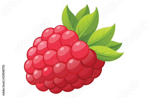 A bright red raspberry sits elegantly against a white backdrop, featuring lush green leaves, perfect for illustrating health, nutrition, and delicious snacks.