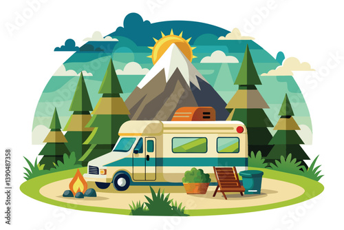 A vibrant camper parked in a serene campsite surrounded by tall pine trees and mountains, with a warm sun shining brightly in the blue sky.