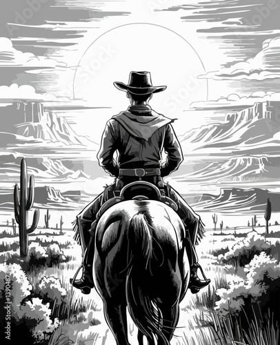 Black and White Western Silhouette of Cowboy Riding Horse into Sunset on Open Plains

