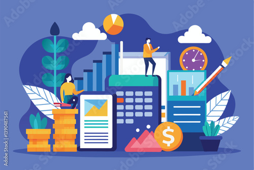 This design showcases financial management with a calculator, charts, coins, and illustrations of people budgeting and investing.