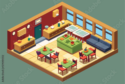 This cozy restaurant features colorful dining tables and chairs, a vibrant salad bar, and large windows allowing natural light to brighten the space.