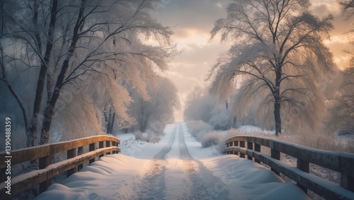 Fototapeta Naklejka Na Ścianę i Meble -  Snow-covered wooden bridge on a winter day.