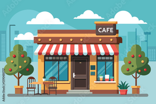 A cozy cafÃ© features striped awnings and outdoor seating, surrounded by neatly trimmed trees, amidst a lively urban backdrop with distant buildings.