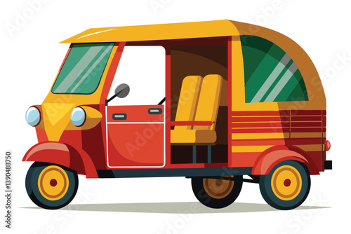 A three-wheeled auto rickshaw with a bright red and yellow design is parked, highlighting its role as an essential urban transport option in many cities around the world.