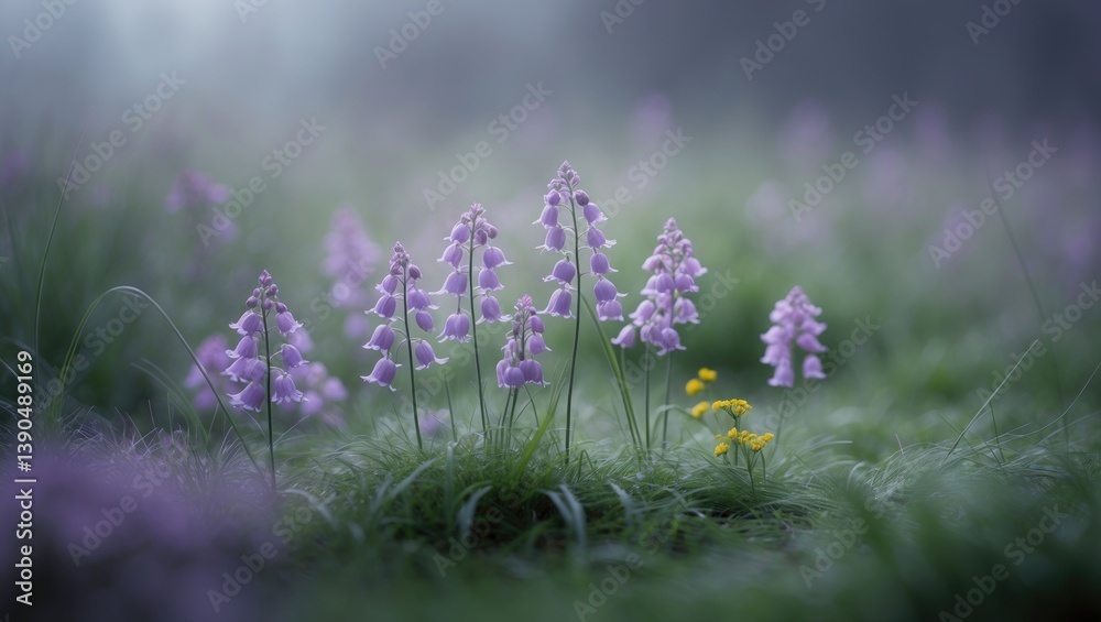 Obraz premium Soft purple blossoms rise elegantly from lush grass, creating a tranquil image of spring's gentle touch.