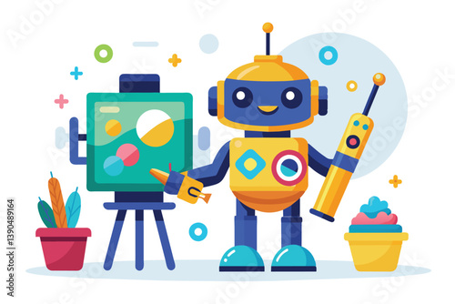 A robot enthusiastically paints on a canvas using bright colors while surrounded by art supplies and cheerful decor in a lively studio setup.