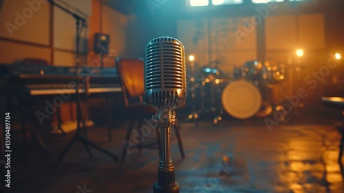 Vintage Microphone Centered in an Atmospheric Music Studio with Soft Lighting and Musical Instruments in the Background
