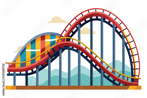 A vibrant roller coaster features colorful tracks with steep rises and drops, surrounded by soft clouds and green hills in the background on a bright day.