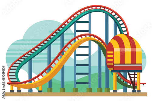 The bright roller coaster features vibrant tracks with twisting loops and a bold, striped carriage, set against a cheerful backdrop of clouds and greenery.