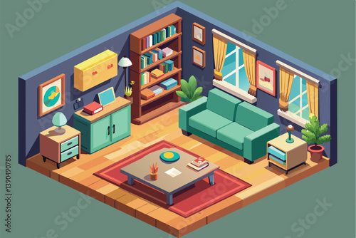 The inviting living room features a green sofa, bookshelf filled with books, and plants. Natural light brightens the space, creating a warm atmosphere.