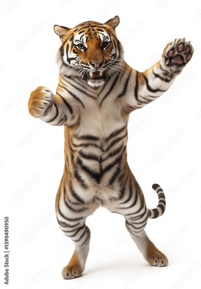 Obraz premium happy tiger dance , stand up by two legs and funny dance , smile, realistic pose, full body, natural light, full hd 8K, white isolated background, hyperrealistic photography