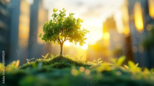 Vibrant Green Tree Surrounded by Lush Grass at Sunset in an Urban Environment