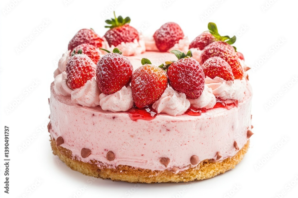 A strawberry cake with pink frosting and fresh strawberries on top against a white background A strawberry cake with pink frosting and fresh strawberries on top against a white background