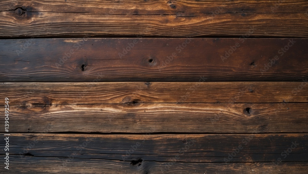 Obraz premium Vintage brown wood texture background featuring knots and nail holes. Old wooden wall with paint. Abstract brown background. Dark horizontal vintage wooden boards. Front-facing view with space for ...