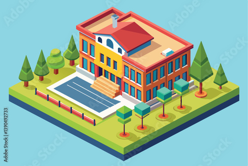 A visually appealing school building is shown with a bright red roof and landscaped greenery, featuring pathways and neatly arranged trees around it.