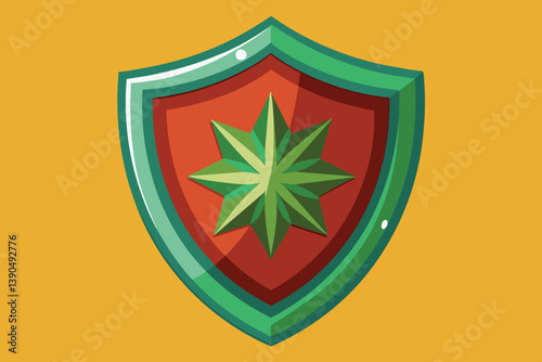 A shield emblem with a striking red center and a green starburst design stands out against a sunny yellow background, symbolizing protection and strength.