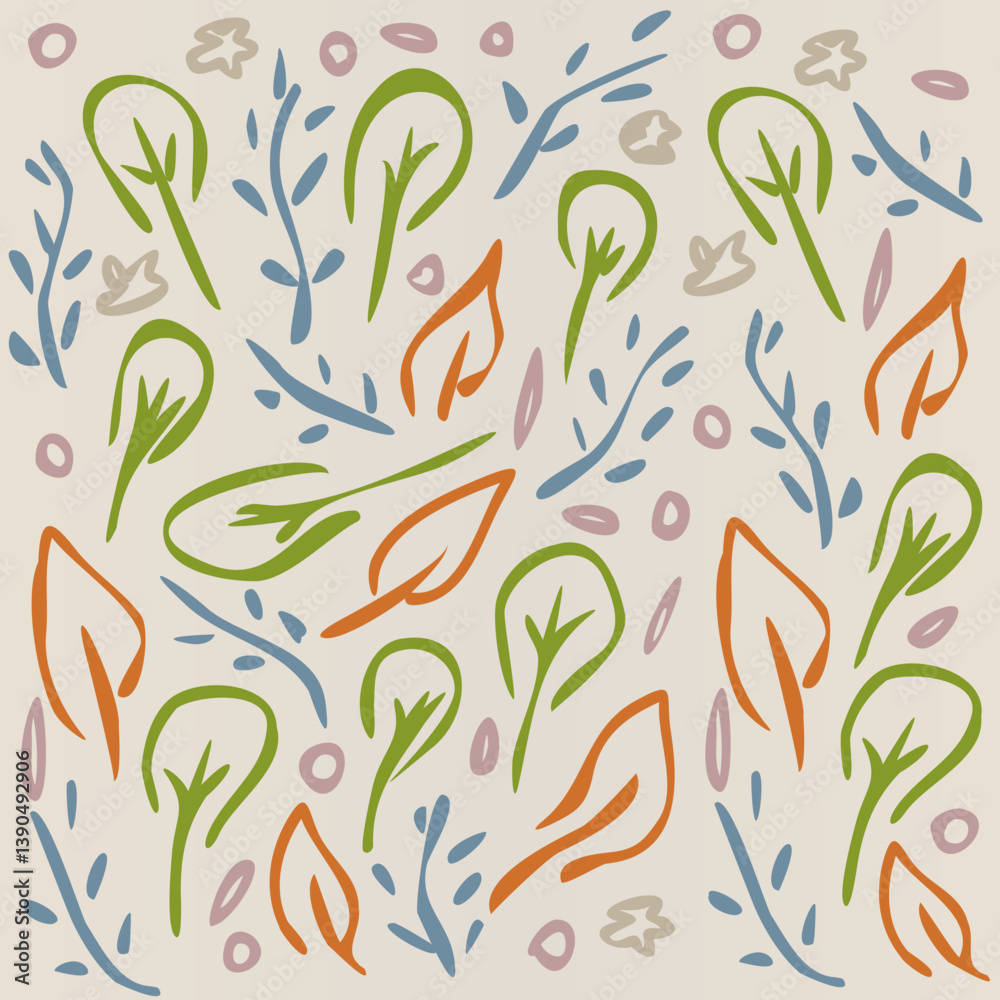Fond Motif Feuillage Feuilles Végétal Composition en Couleurs Diverses sur Fond Beige - Vecteur