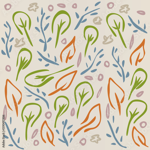 Fond Motif Feuillage Feuilles Végétal Composition en Couleurs Diverses sur Fond Beige - Vecteur