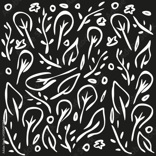 Fond Motif Feuillage Feuille Végétal Composition en Noir et Blanc - Vecteur