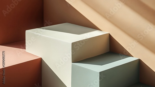 Three pastel cubes on steps, sunlight.