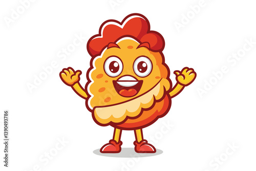 A lively chicken nugget character, smiling and raising its arms in joy, designed in bright colors, ideal for children's content and food promotions.
