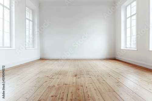 Bright empty room with wooden floor and white walls illuminated by natural light from windows on sides