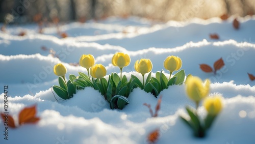 Small yellow blooms rise from a blanket of snow, indicating the onset of spring.