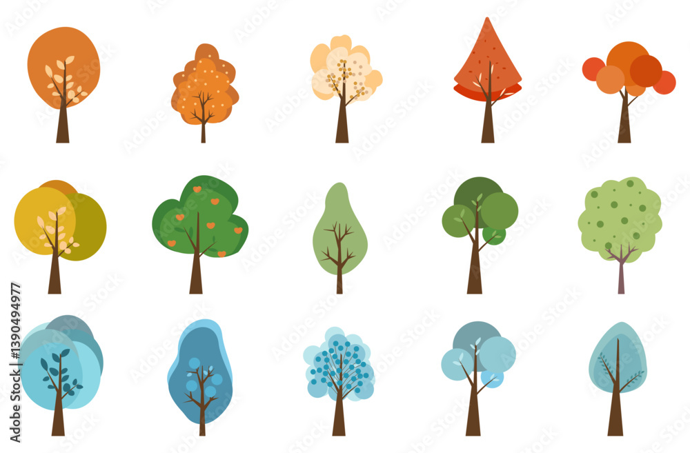 A collection of trees drawn in a flat style. Trees of different seasons. Vector set for decoration of different designs. A collection of trees drawn in a flat style. Trees of different seasons. Vector set for decoration of different designs.