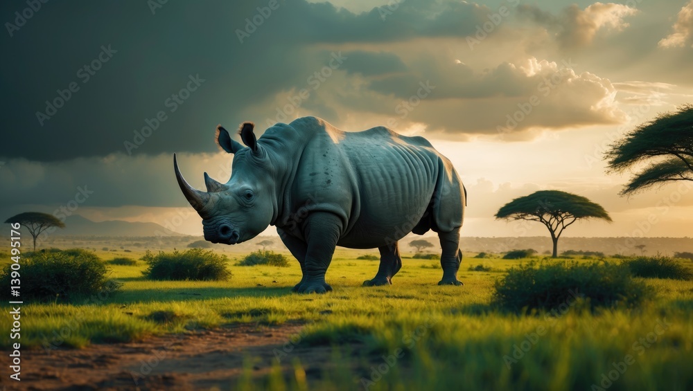 Fototapeta premium Southern white rhinoceros in lush savannah; Species Ceratotherium simum simum, family Rhinocerotidae.