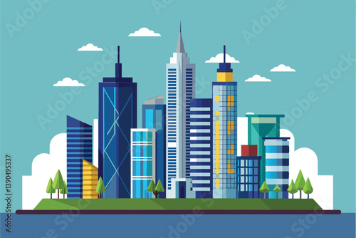A vibrant depiction of a city skyline showcases various towering buildings surrounded by trees, all set against a clear blue backdrop with fluffy clouds.