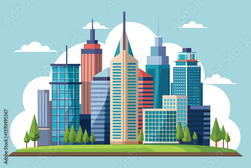 A vibrant illustration depicts a modern city skyline with diverse architectural styles, surrounded by green trees and a bright blue sky filled with fluffy clouds.