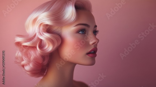 Fashion model posing with stylish pink hairstyle on pink background